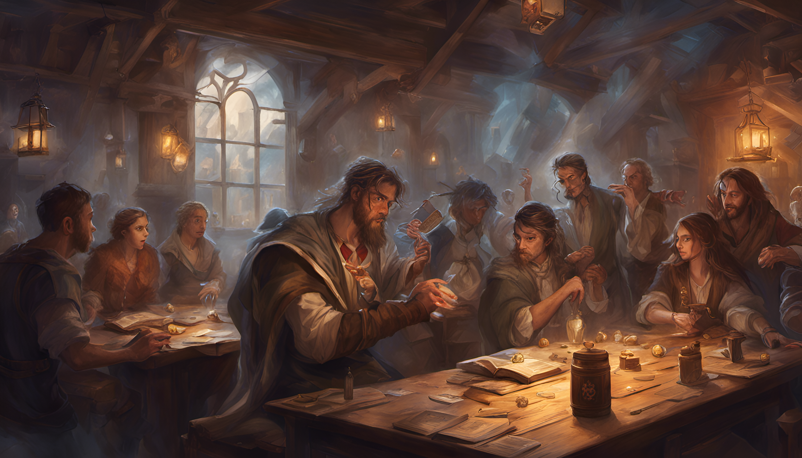 Mesa de juego con dados, mapas y ambiente de aventura